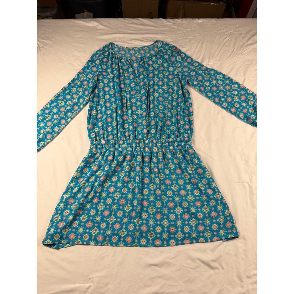 Peasant Dress Teal‎ Drop Waist Geometric All Over Pattern Large Boho Whimsical